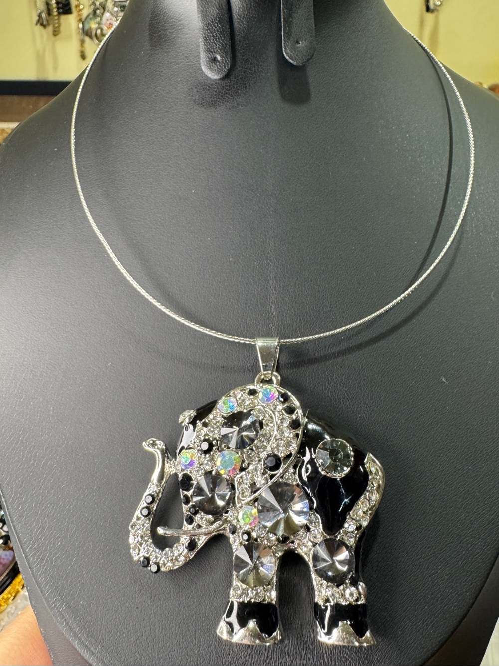 Elephant Crystal Pendant Necklace - Black and Silver